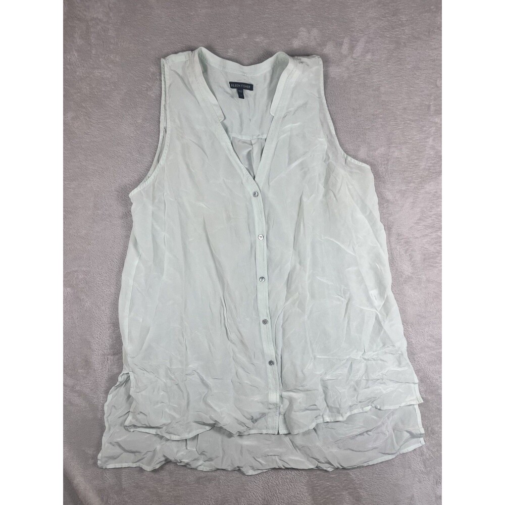 Eileen Fisher V-Neck Mandarin Collar Tank Blouse 100% Silk Sheer Artsy Boho L